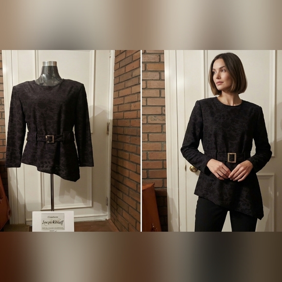 Joseph Ribkoff Vintage Black Tonal Floral Jacquard Asymmetrical Tunic Top - Picture 2 of 15